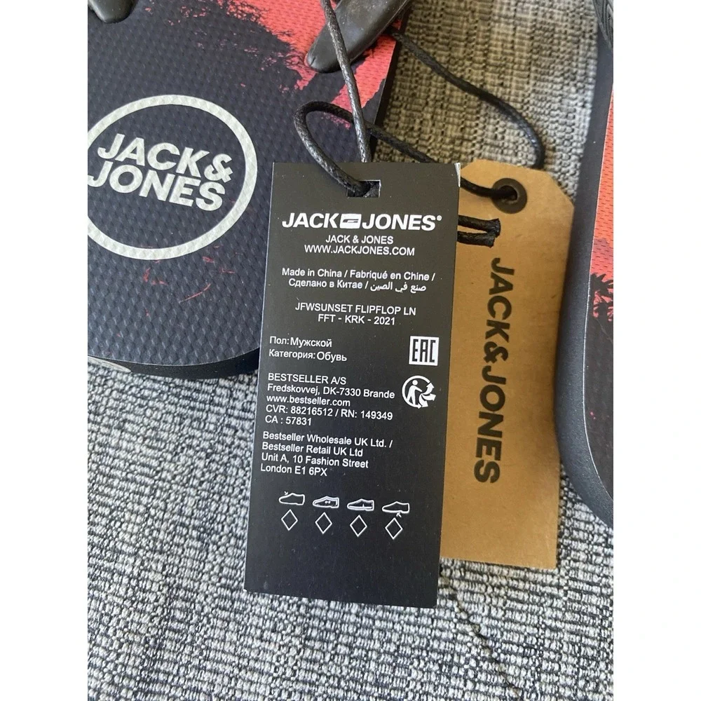 New Jack & Jones Mens Sz 9/10 Flip Flops Black Beach Scene Surfer  Palm Tropical